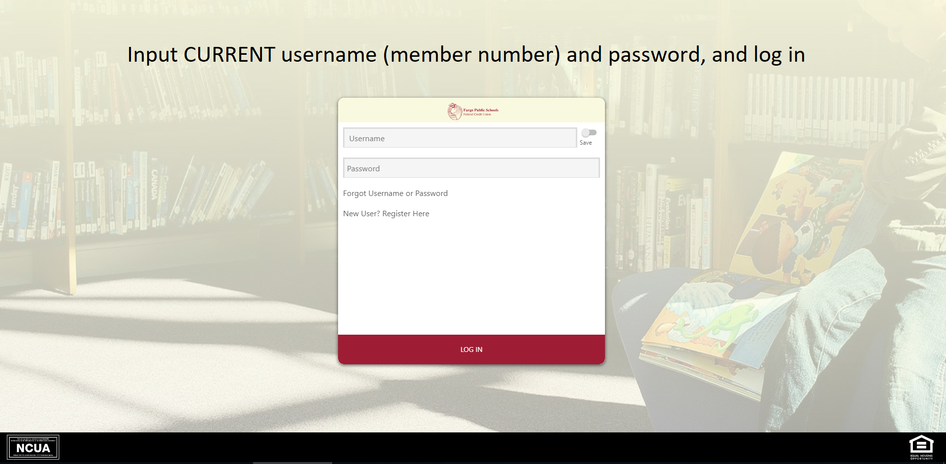 Screen shot of FPSFCU login page - input current username (member number) and passoword