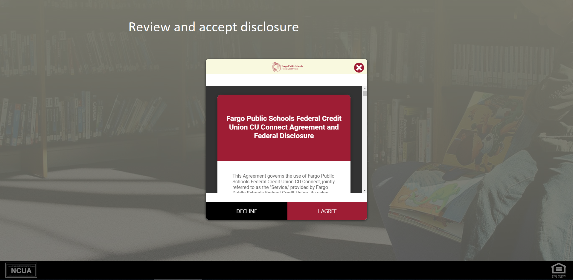 Screen shot of FPSFCU Disclosure agreement page - Review and accept disclosure. 
